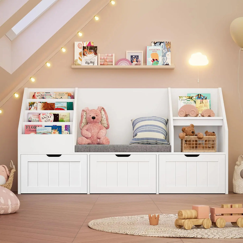 55.1’’ Kids Bookshelf with Reading Nook, Toy Storage Organizer with Seat Cushion and 3 Movable Drawers, Kids Reading Nook Toy