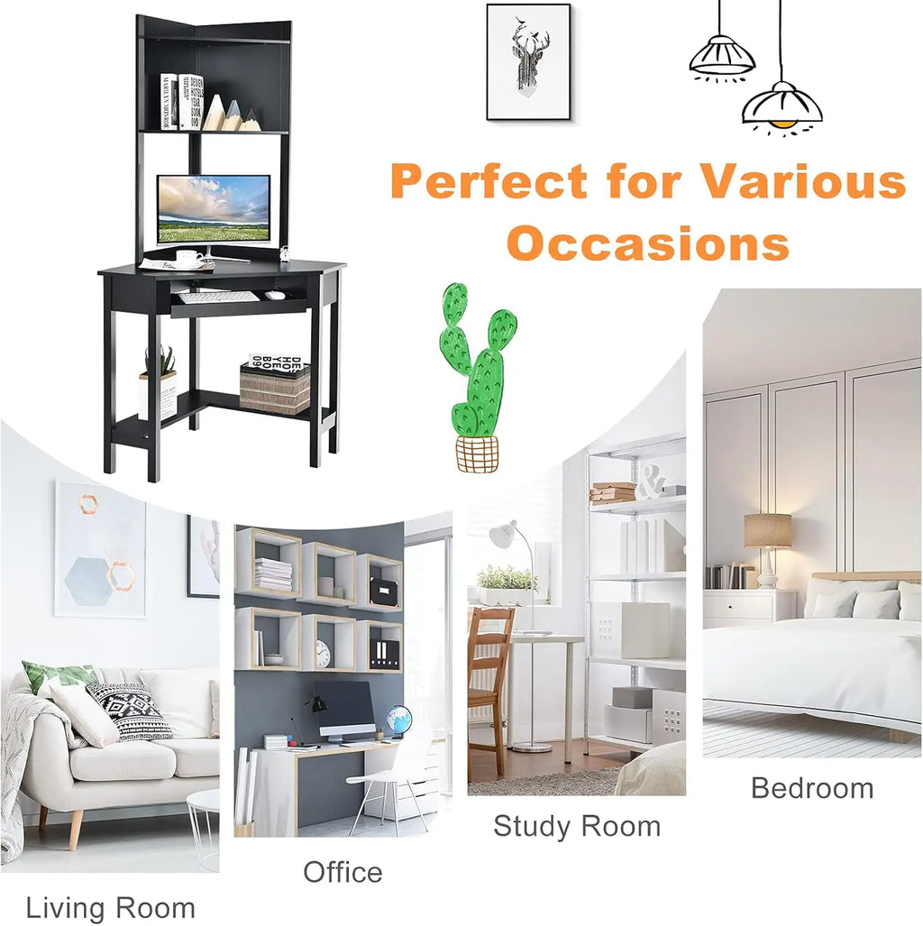 Corner Writing Desk with Hutch, 90 Degrees Triangle Small-Space Saving Computer Desk with Keyboard Tray & Bookshelves