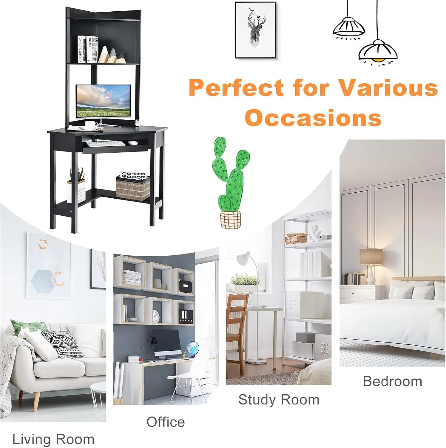 Corner Writing Desk with Hutch, 90 Degrees Triangle Small-Space Saving Computer Desk with Keyboard Tray & Bookshelves