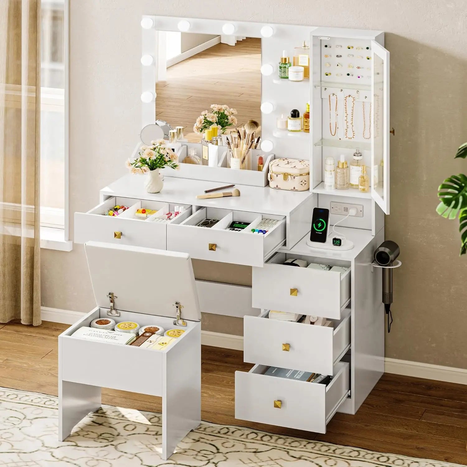 Vanity Desk with Mirror and Lights, White Makeup Vanity with 5 Drawers Hidden Jewelry Organizer & LED Glass Cabinet