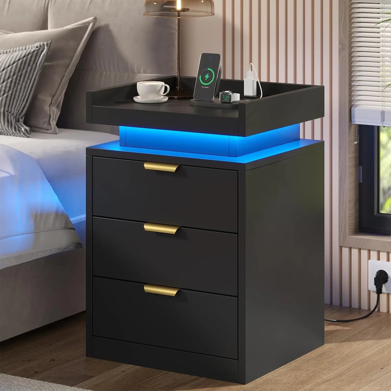 LED End Tables, Set of 2 with Charging Station USB Ports, 3-Drawer Table