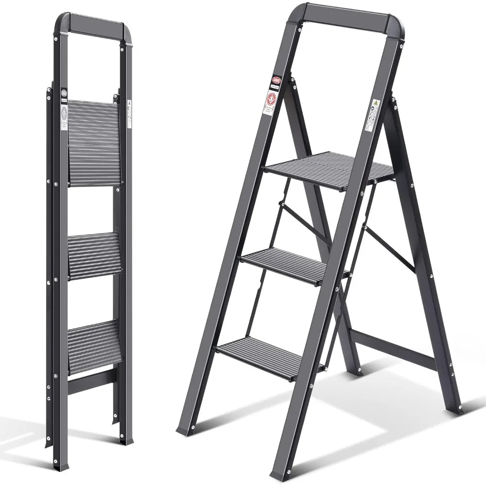 Customizable-Aluminum 3 Step Ladder, Lightweight Step Stool With Non-Slip Pedals, Handrail, 330 LBS Foldable Step Ladder