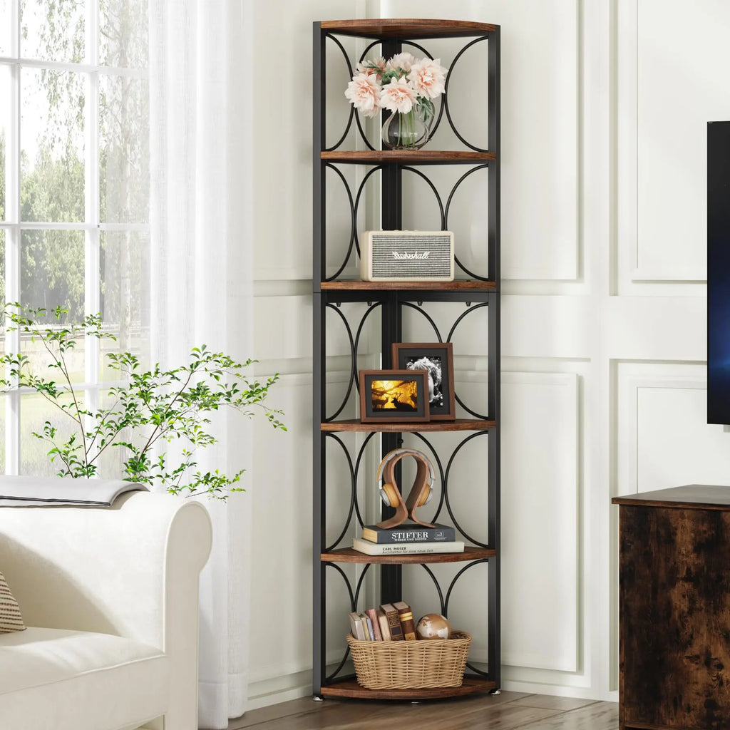67 inch Tall Corner Shelf, 6 Tier Rustic Corner Bookshelf Bookcase, Storage Rack Standing Shelving Unit
