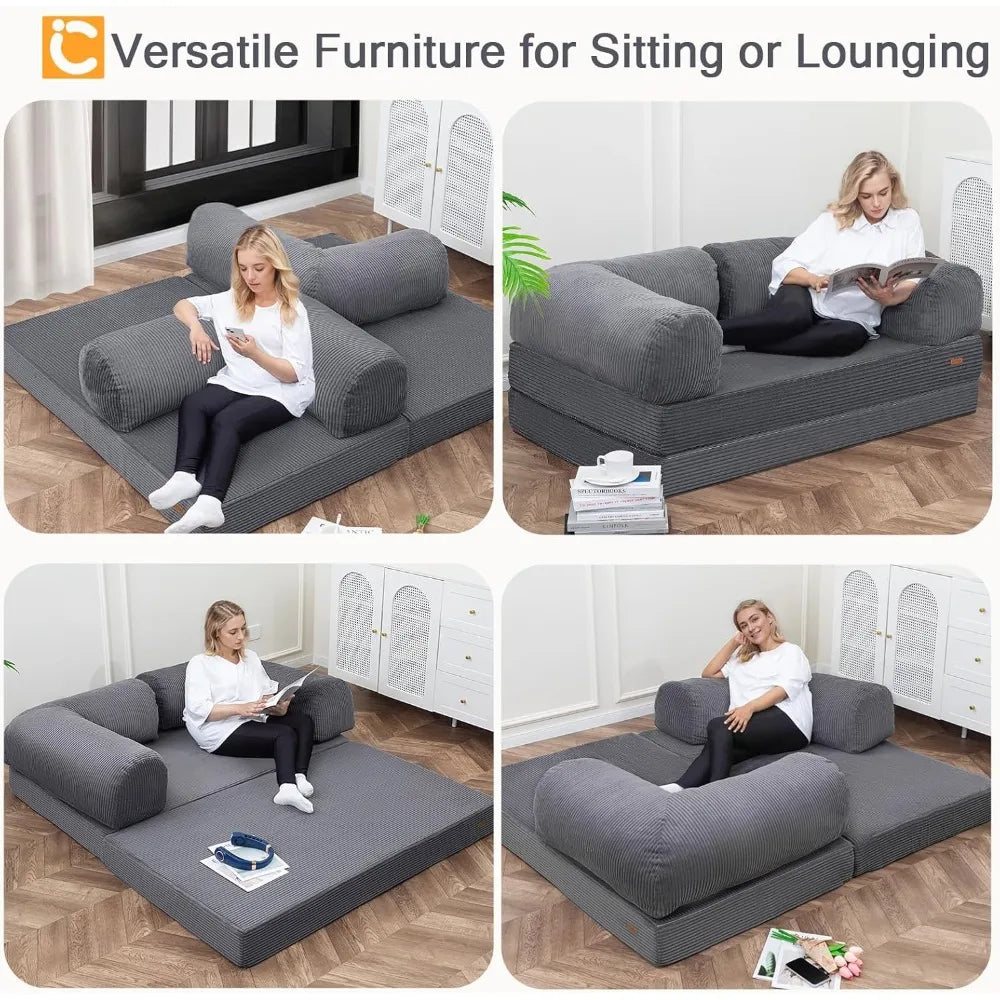 Futon Sofa Bed, 4-in-1 Floor Foldable Sofa Couch/Queen Bed with L-Shaped Armrests, Convertible Folding Chair Bed Sleeper