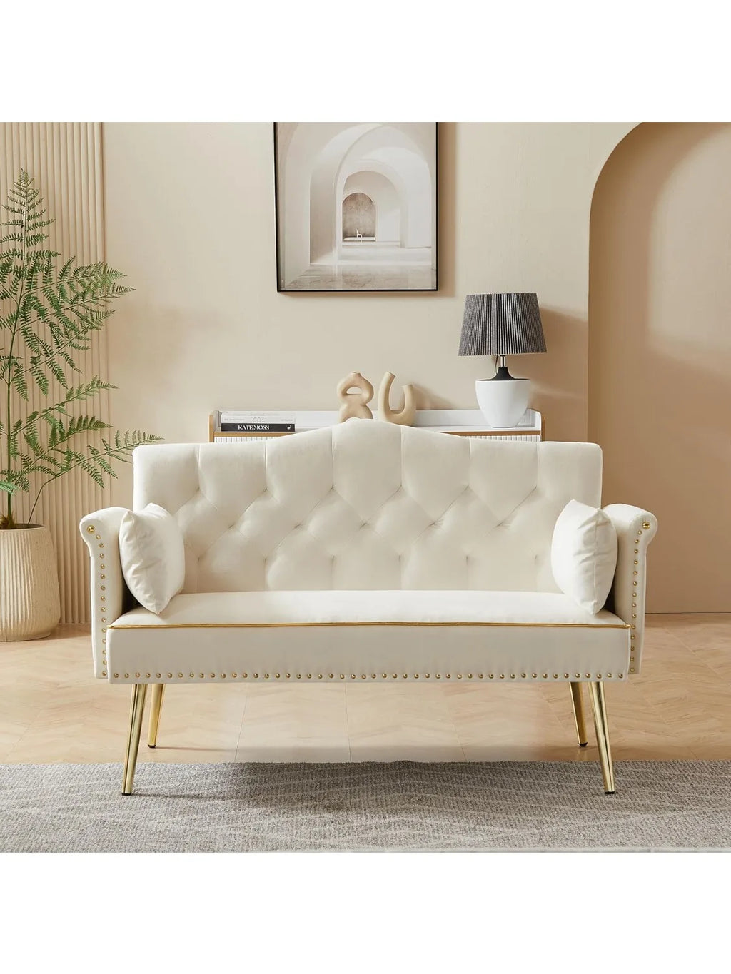 55-Inch Modern Velvet Loveseat Sofa with Gold Metal Legs & Side Pockets, Tufted Backrest, Perfect for Living Room, Bedroom