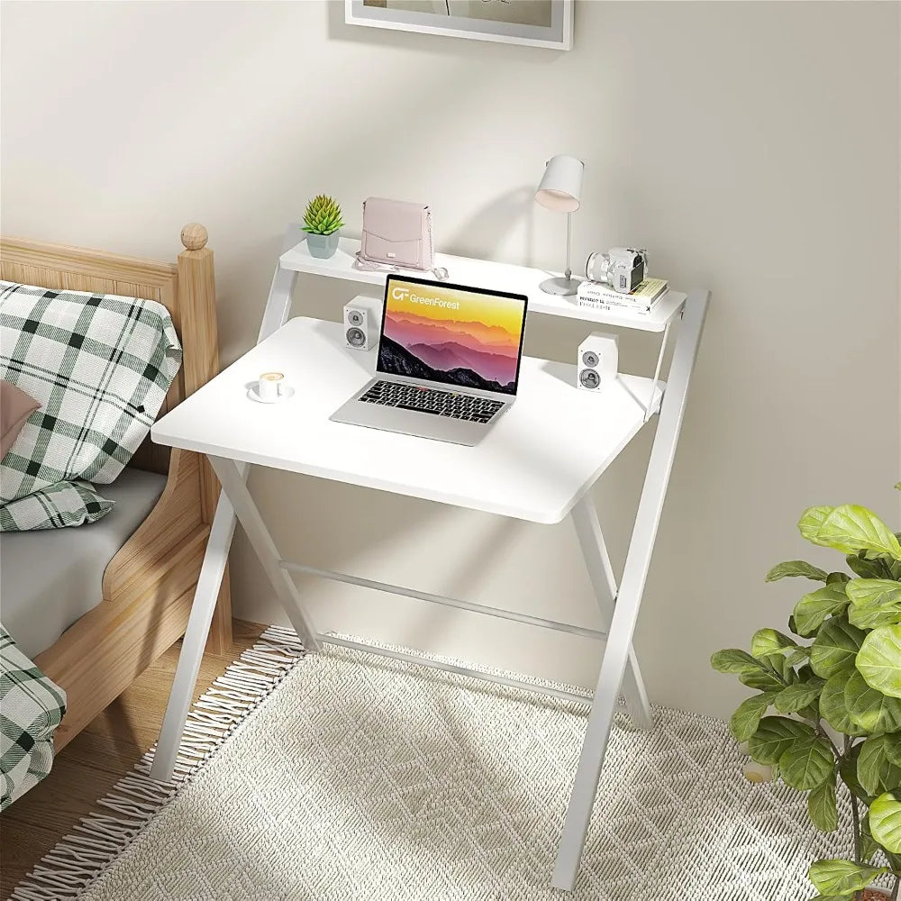 Customizable-Folding Desk/ No Assembly Required/ Large Size 2-Tier Foldable Computer Desk With Shelf For Home Office, Space Saving
