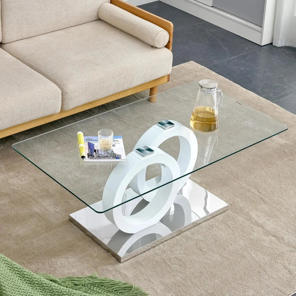 Glass Coffee Table, Coffee Table for Living Room, 47'' Modern Tempered Glass Tabletop with DoubleO MDF Leg and Silver Metal Base