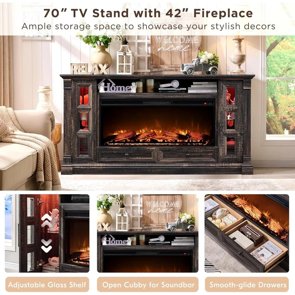 TV Stand with Fireplace for up-to-80" TV, Farmhouse 72" Entertainment Center with 42" Electric Fireplace, TV Console