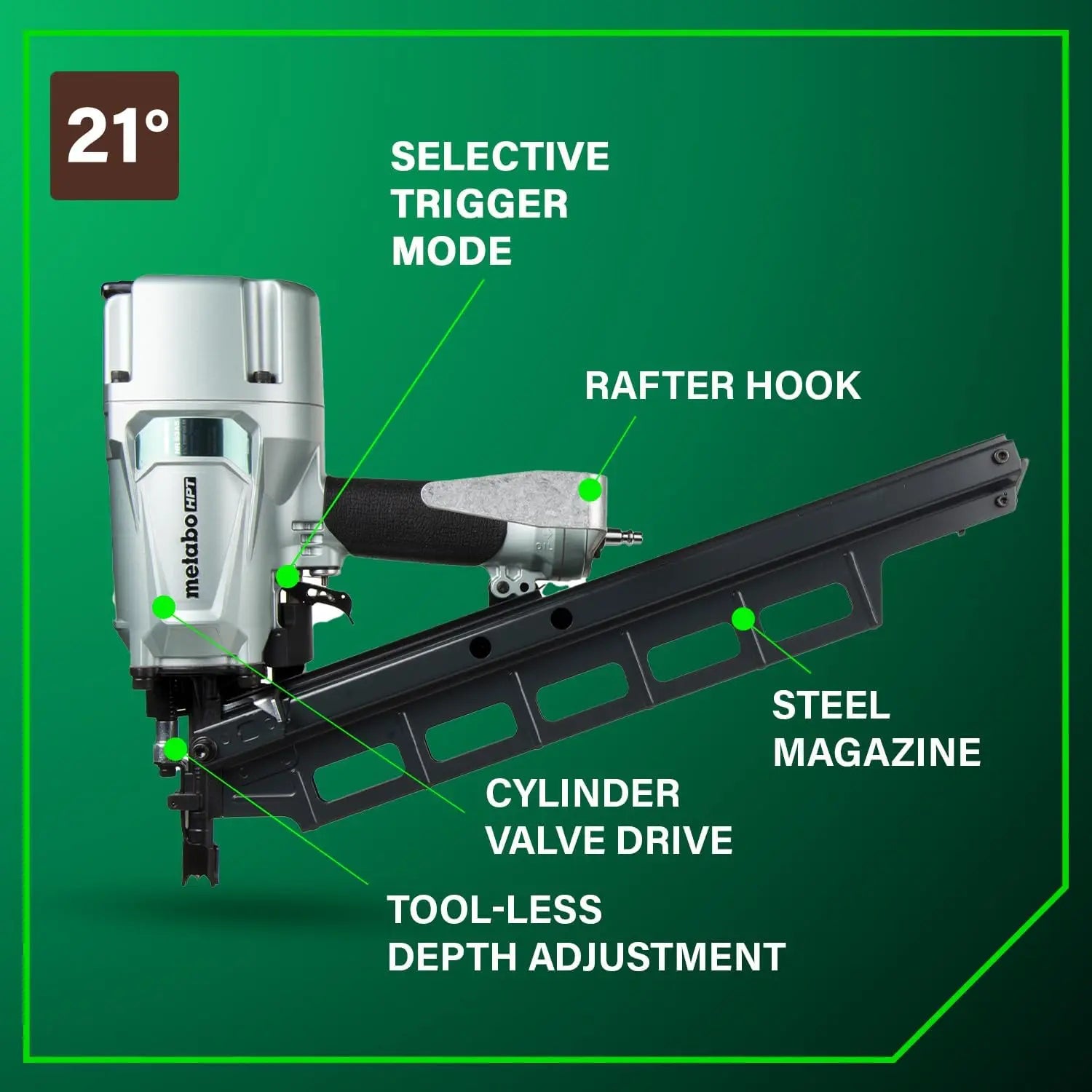 Professional Pneumatic Framing Nailer, 21° Plastic Collated Nails, Selectable Trigger & Rafter Hook for Flooring & Roof Decking