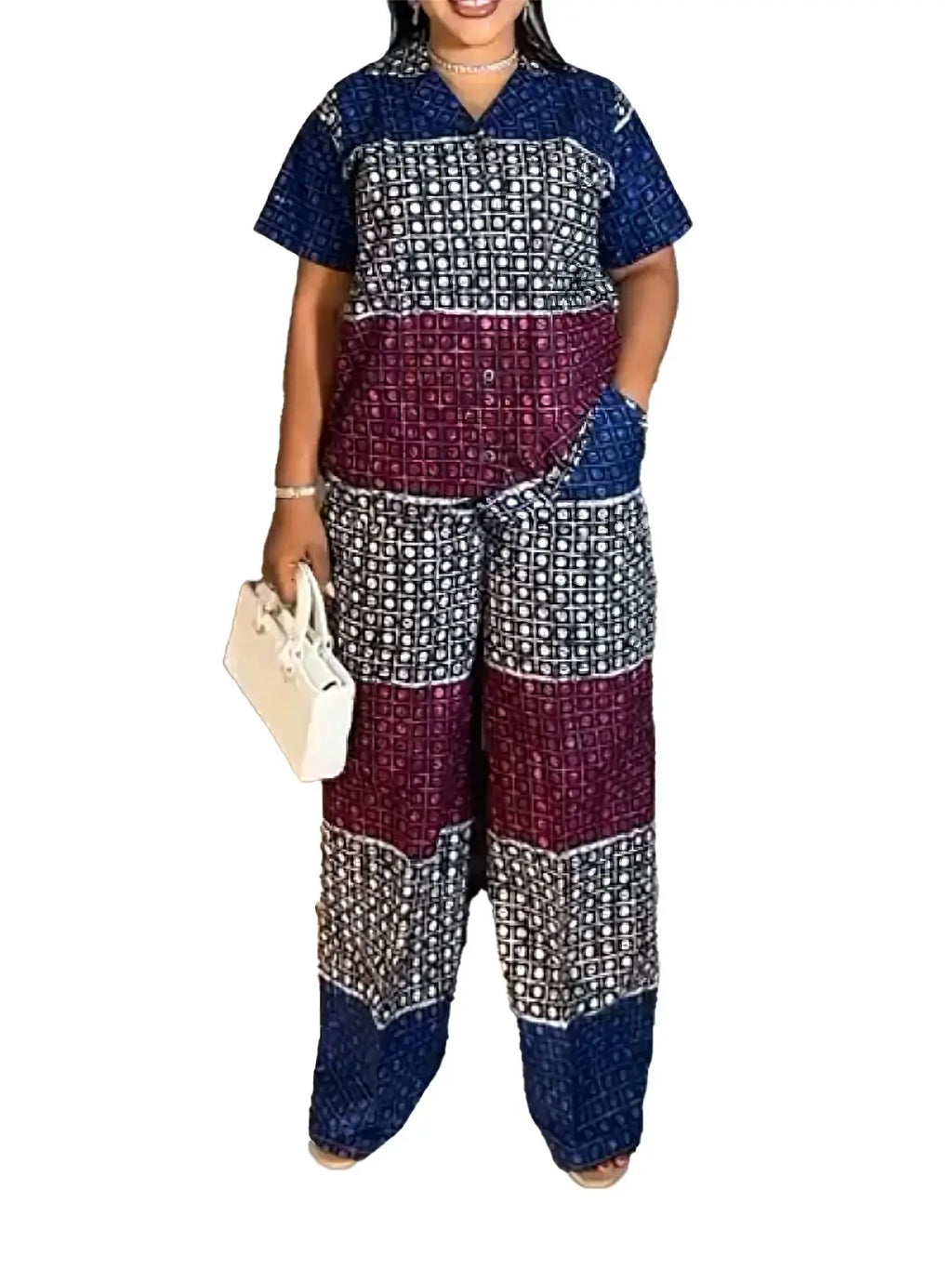 Trendy European And American Style Casual Set With Blue, White, And Red Plaid And Polka Dot Design