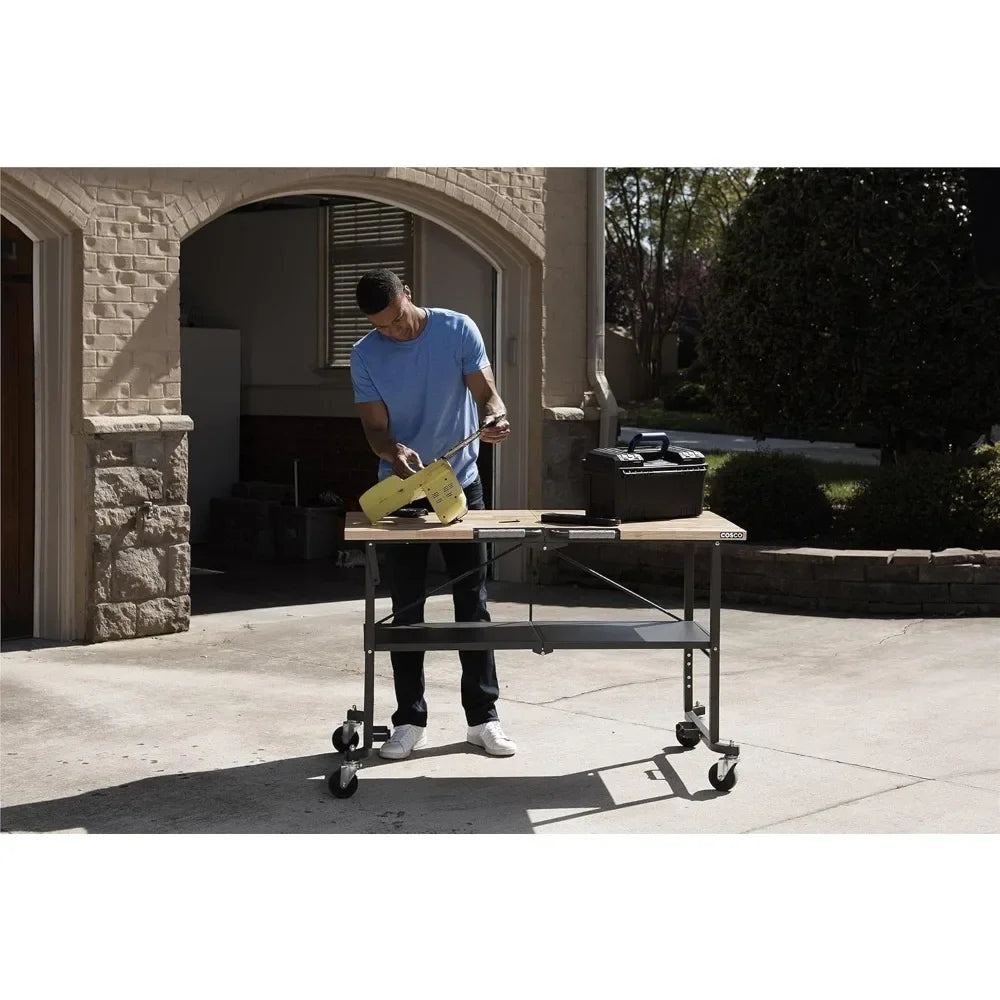 Smart-Fold Butcher Block Portable Workbench / Folding Utility Table Hardwood Top, 700LB Total Weight Capacity, Locking