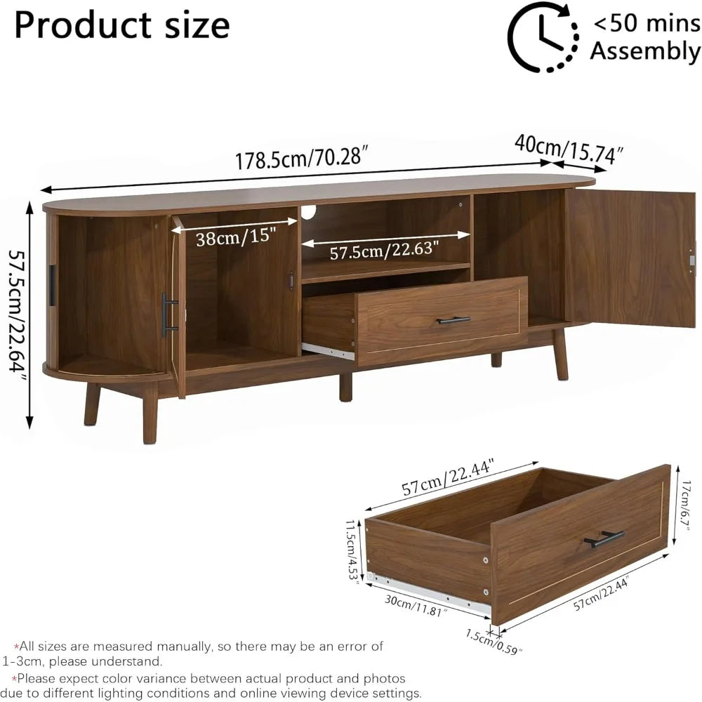 70" Fluted TV Stand for Tvs up to 80", Mid-Century Modern Entertainment Center with Drawers and Fluted Doors,