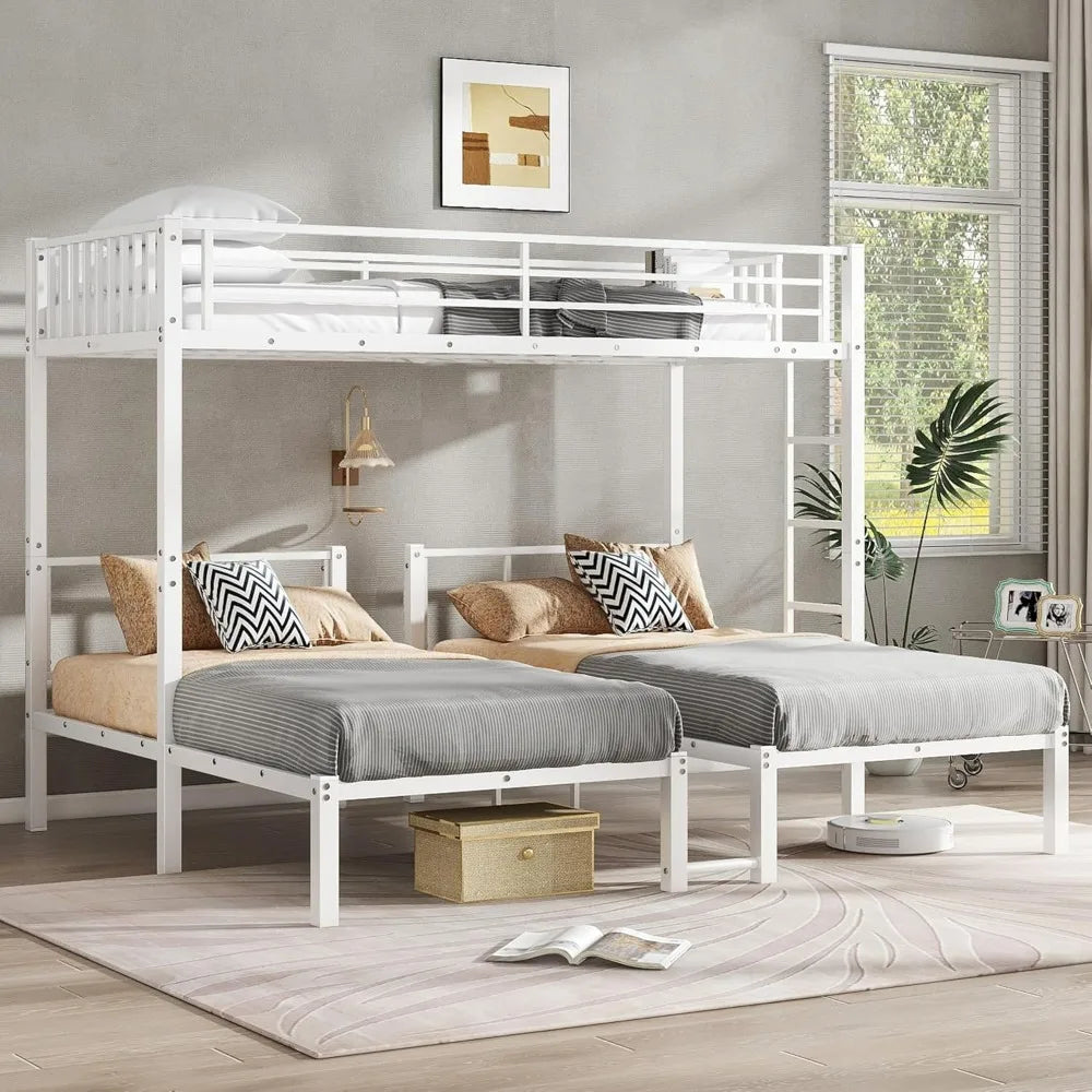 Sturdy Triple Bunk Bed for Three Children with Twin Mattresses, Safety Rails, and Access Ladder