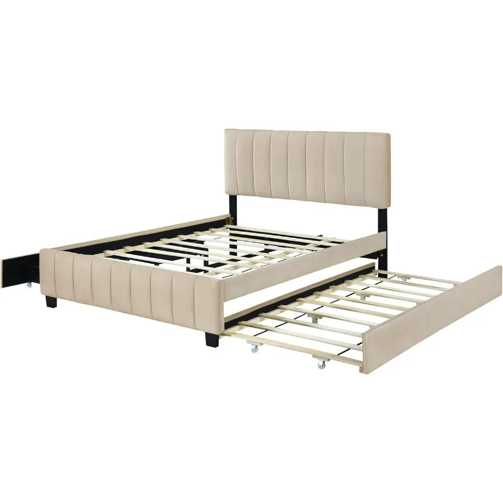 Beige Queen Upholstered Platform Bed with Storage Drawers and Twin XL Trundle, No Box Spring Required