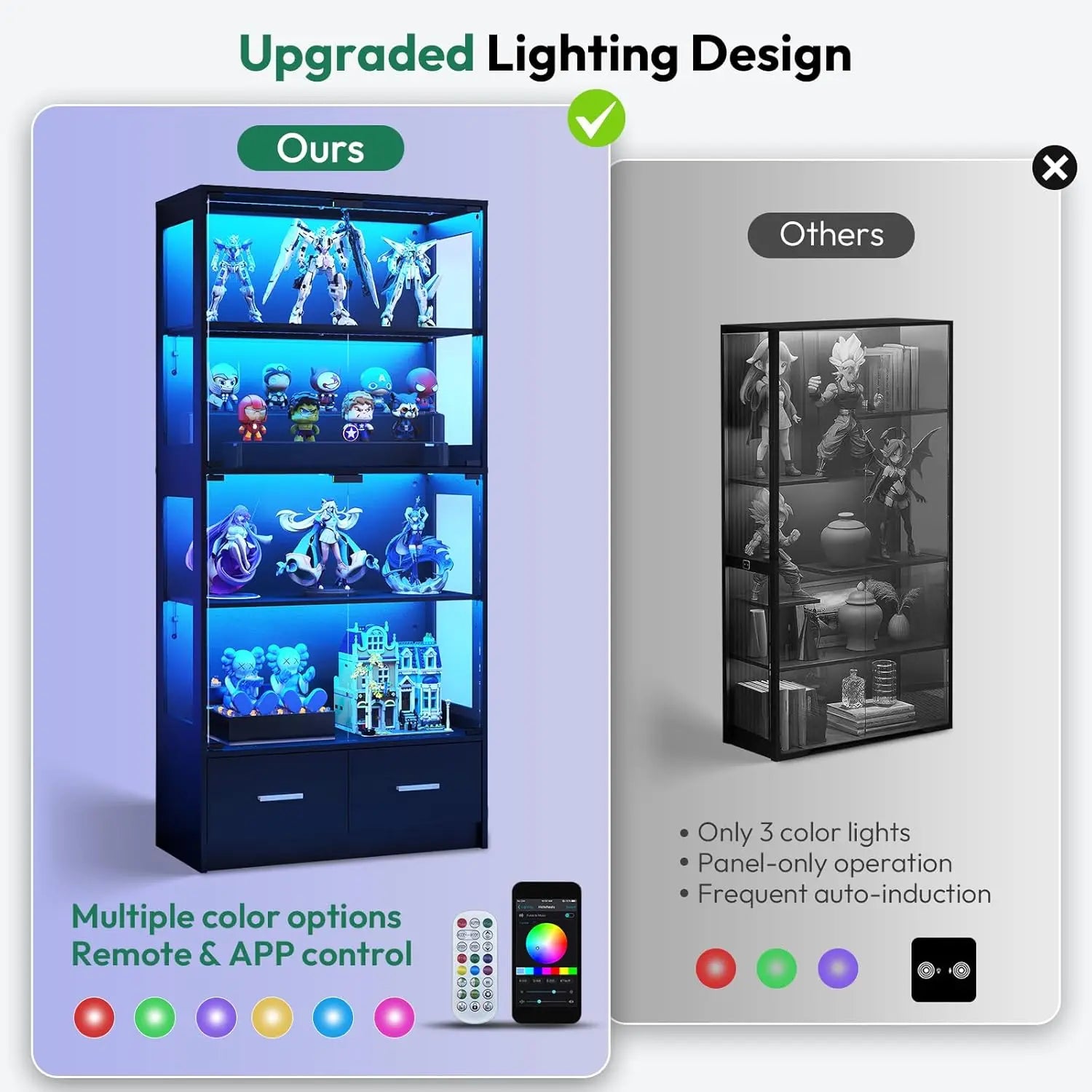 Glass Display Cabinet with Doors - Curio Cabinet with Dynamic LED Lights, 67" Display Case for Any Item, Black