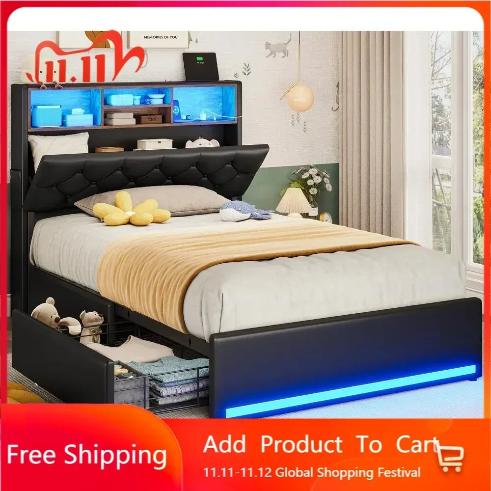 Twin Bed Frames with Headboard & 4 Drawers, LED Bed Frame Twin with Charging Station, Upholstered and Metal Twin Bed with Storage