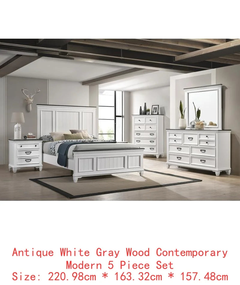 5-Piece Shiplap Panel King Bedroom Set with Bed, Dresser, Mirror, Nightstand, and Chest
