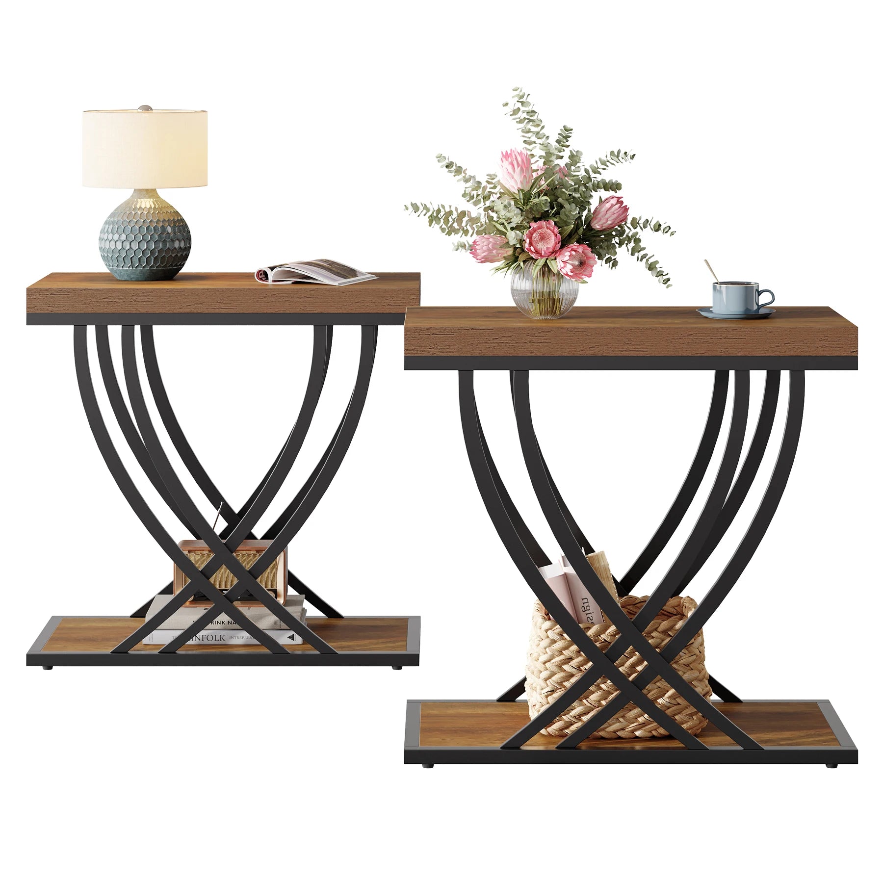 Tribesigns Side Table, 2-Tier Narrow End Table for Living Room, Industrial Nightstand with Metal Frame, Small Bedside Tables for