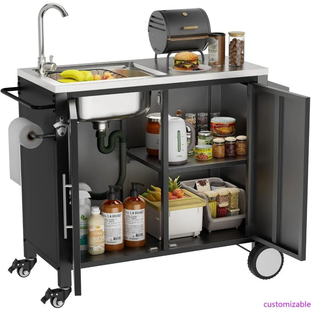 Stainless Steel Outdoor Grill Table with Sink and Storage Cabinet