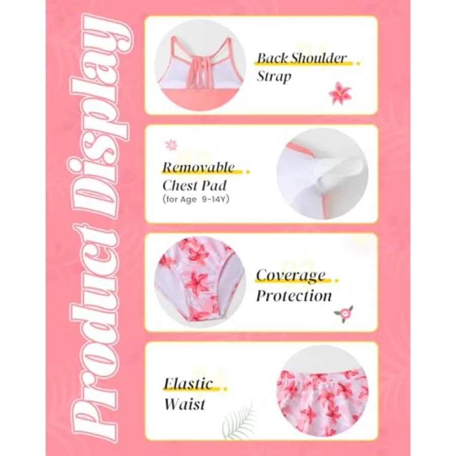Mioglrie Girls Swimsuit 2 Pcs Bikini Set Tiered Ruffled Bathing Suit Floral Print Adjustable Straps Girls' Swimwear
