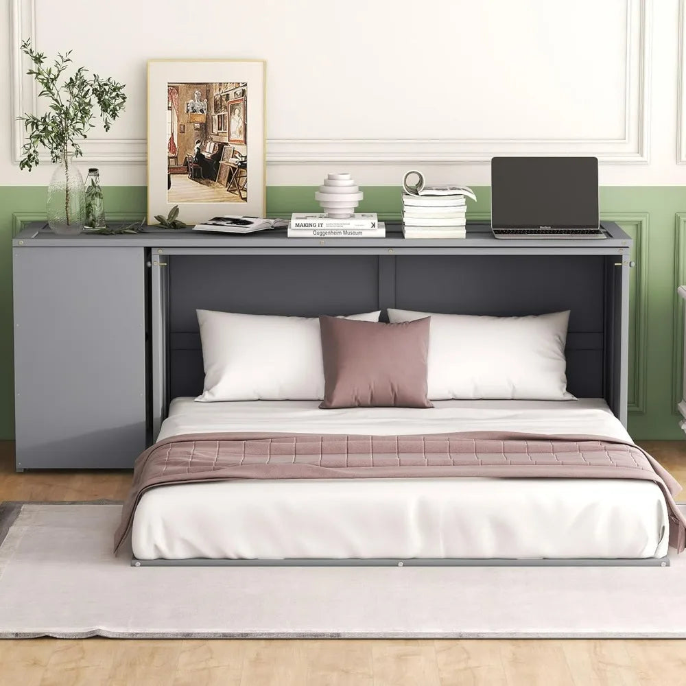 Queen Size Solid Wood Murphy Bed with 2 Storage Shelves and Rotatable Desk