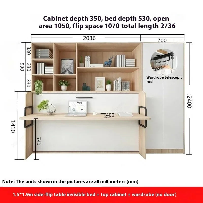 Multifunctional Invisible Desk Bed Bookcase Rotary Rollover Bed Wardrobe Integrated  Murphy Bed Bedroom Set Furniture