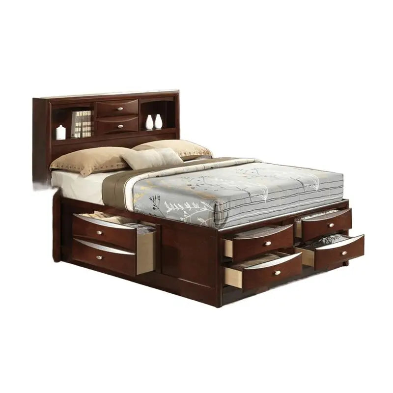 Contemporary King Size Bed with Footboard Drawers & Headboard Bookcase in Cherry Finish