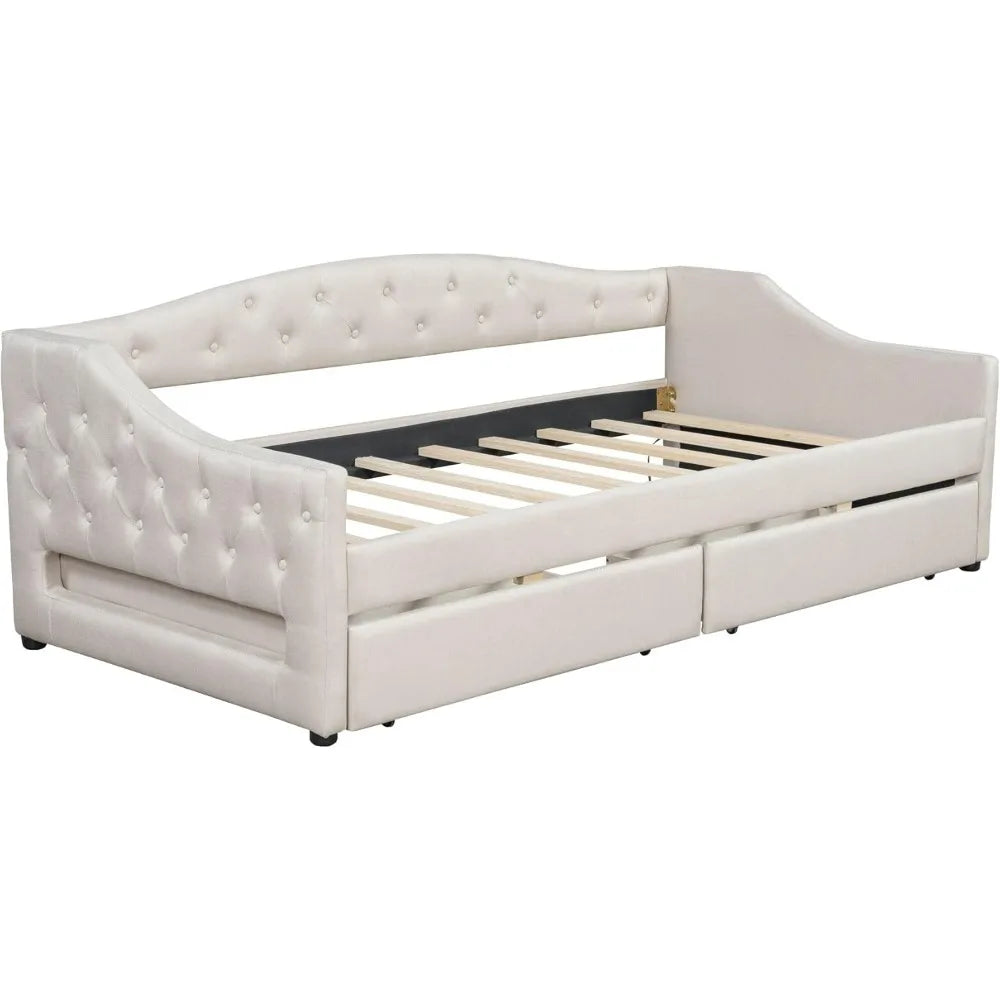 Linen-Covered Twin XL Daybed with Storage Drawers, LED Lighting, and Solid Wood Slat Support for Guest Rooms