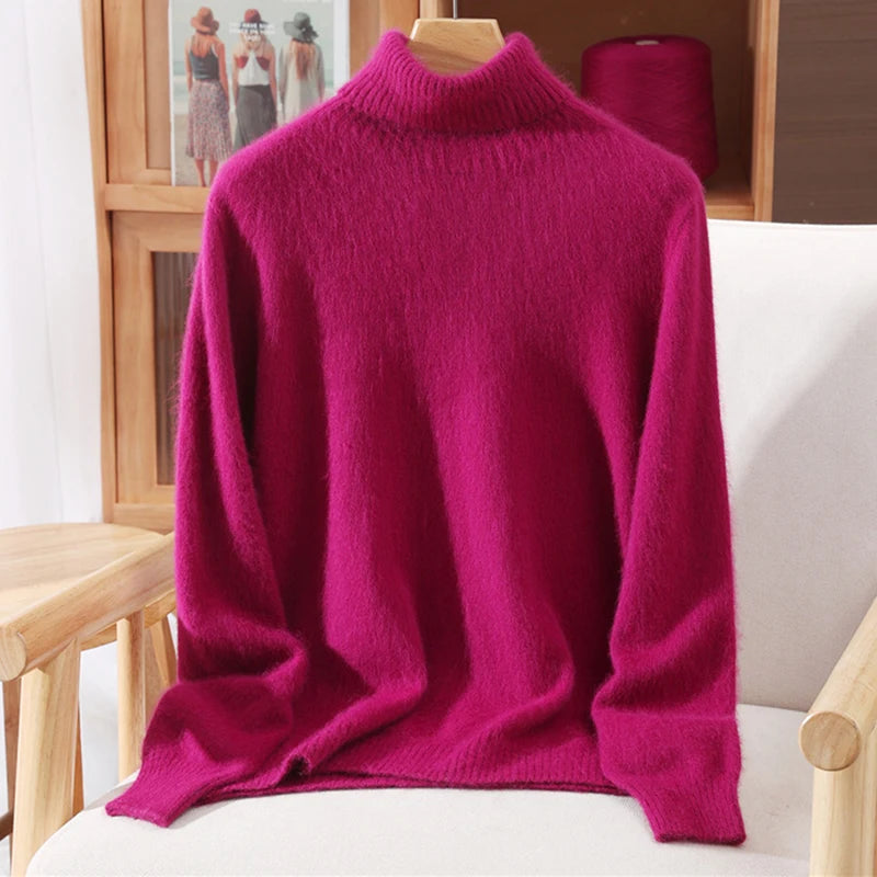 Autumn And Winter 100% Mink Cashmere Sweater, Ladies' High Lapel Solid Color Padded Pullover Wool Knitted Bottoming Shirt