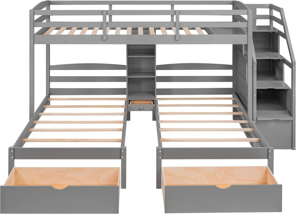 Harper & Bright Designs Woodentriple Bunk Beds With Stairs & Storage Drawers,Twin Over Twin Bunk Bed For 3 Kids, 3 Bunk Beds