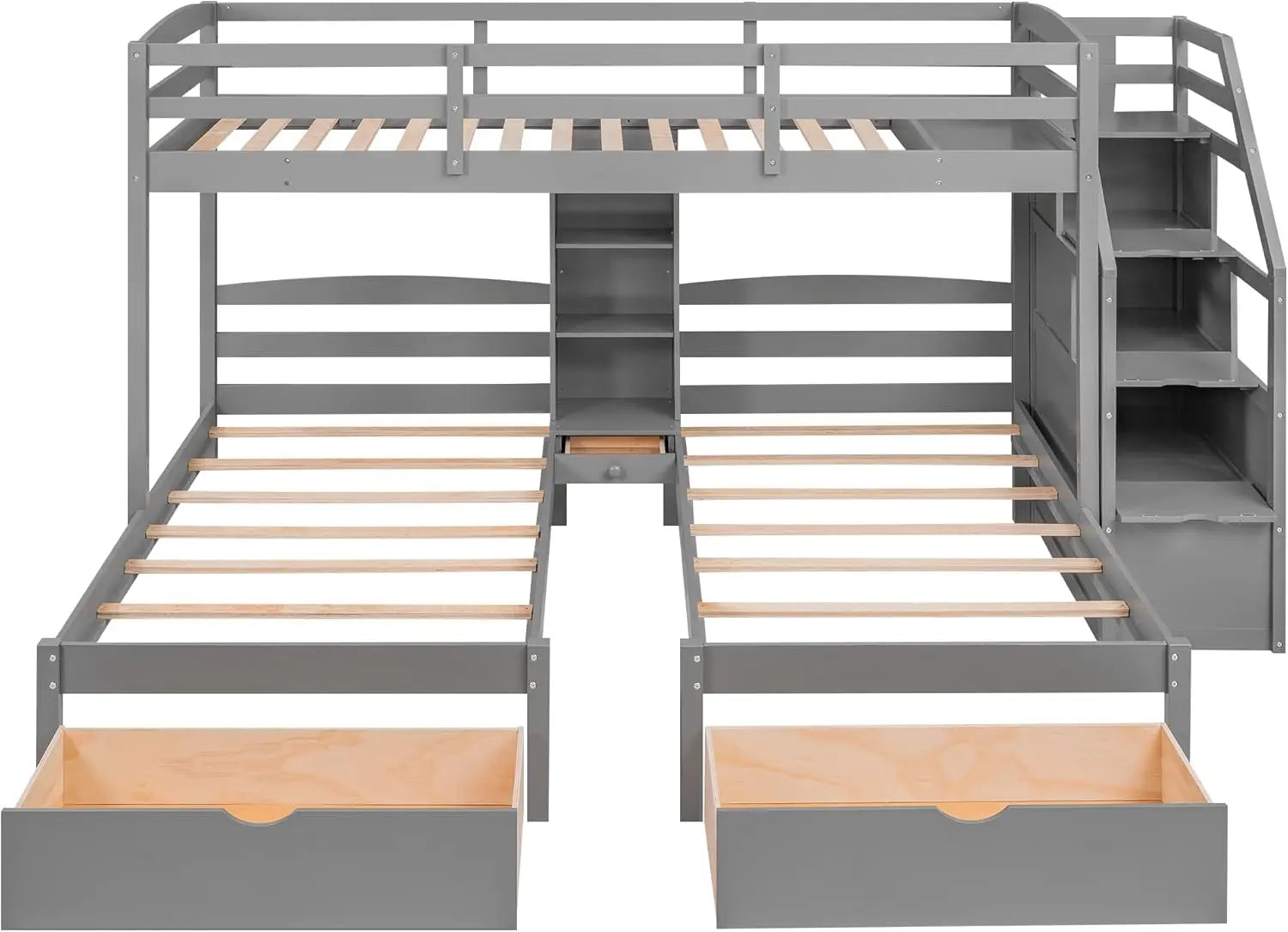 Harper & Bright Designs Woodentriple Bunk Beds With Stairs & Storage Drawers,Twin Over Twin Bunk Bed For 3 Kids, 3 Bunk Beds