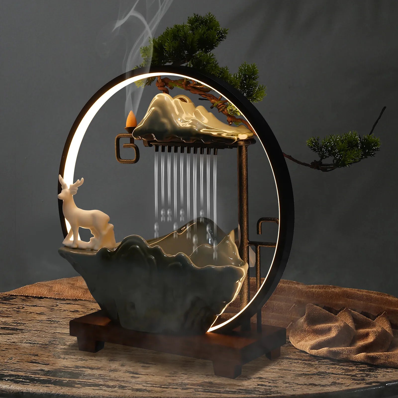 Modern Indoor Water Fountain with Mist Function & Touch Switch  - Aromatherapy Incense Burner, Relaxing Tabletop Waterfall Decor
