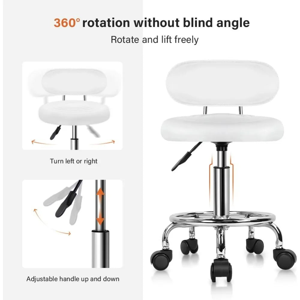 Modern PU Leather Rolling Swivel Chair with Adjustable Height and Footrest for Work, Salon, and Drafting (White)