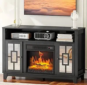 Fireplace TV Stand with Sliding Mirrored Door for TVs up to 70", Entertainment Center with Storage Cabinet and Shelves, Media Center
