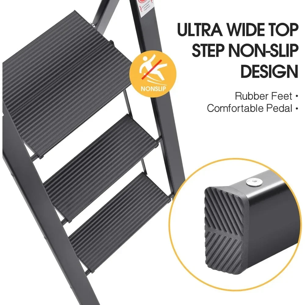 Customizable-Aluminum 3 Step Ladder, Lightweight Step Stool With Non-Slip Pedals, Handrail, 330 LBS Foldable Step Ladder