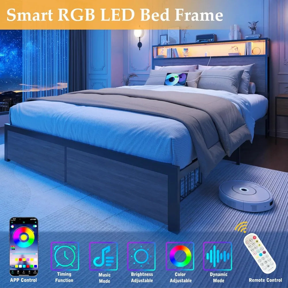 Full Bed Frame with 2-Tier Storage Headboard, Metal Bed Frame with Storage Drawers & Built-in Charging Station & LED