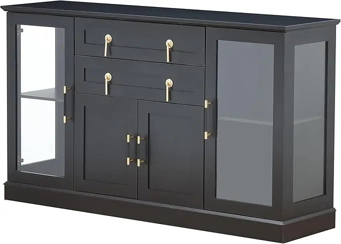 58.2'' Modern Sideboard with Storage, Accent Buffet Cabinet with 2 Glass Doors, Credenza with Two Drawers and Adjustable Shelves