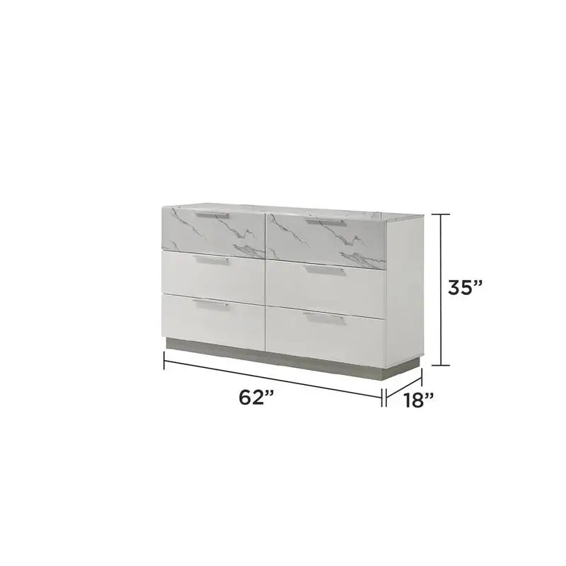 5-Piece Two-Tone High-Gloss Marble and Lacquer Finish Nightstand Set with LED Lighting, Spacious Velvet-Lined Storage, White