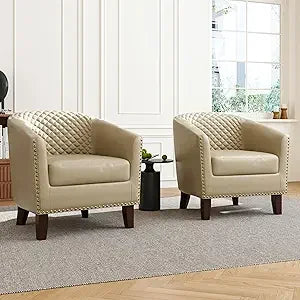 Swivel Barrel Accent Chairs, Comfortable Modern Upholstered Round Faux Leather Armchairs for Living Room and Bedroom, Beige, Set