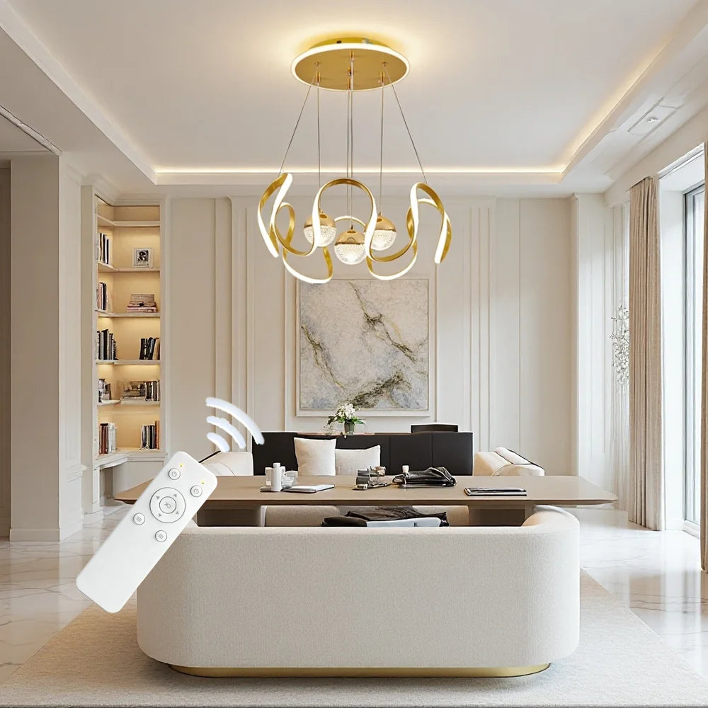 Modern LED Pendant Light with a Wavy Light Ring, Remote Control, Three Adjustable Light Colors, and Adjustable Height; Suitable for Bedrooms, Living Rooms, Above Dining Tables, and Living Rooms