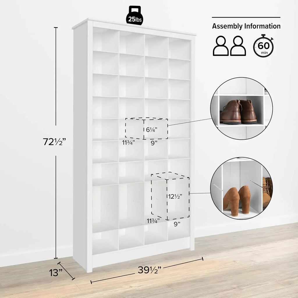 White Tall Storage Cabinet, Shoe Cabinet, Cube Storage Organizer with 40 Shoe Cubbies 13" D x 39.5" W x 72.5" H