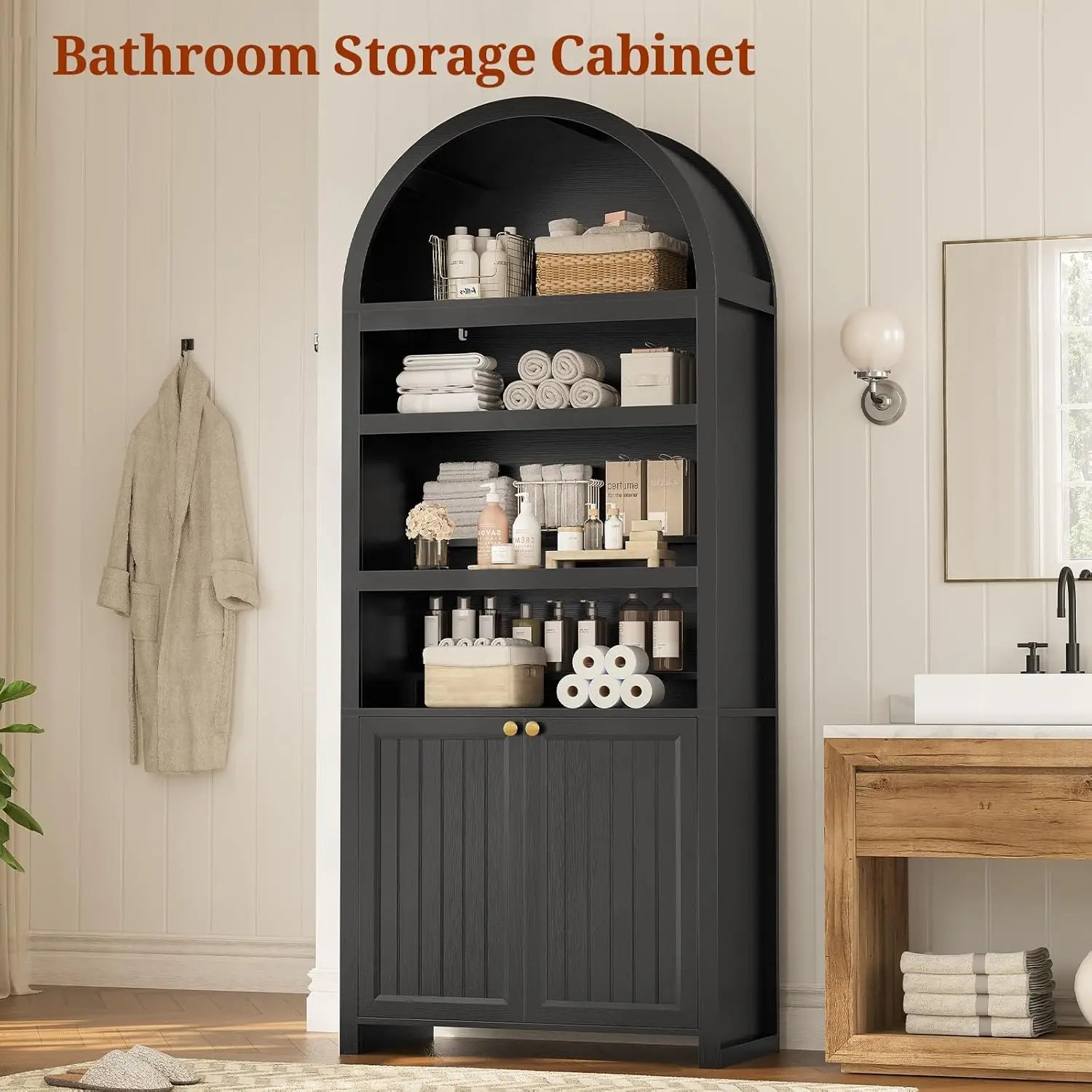 81" Tall Arched Cabinets,6-Tier Bookshelf ,2 Book Risers & Adjustable Shelves For More Storage Space