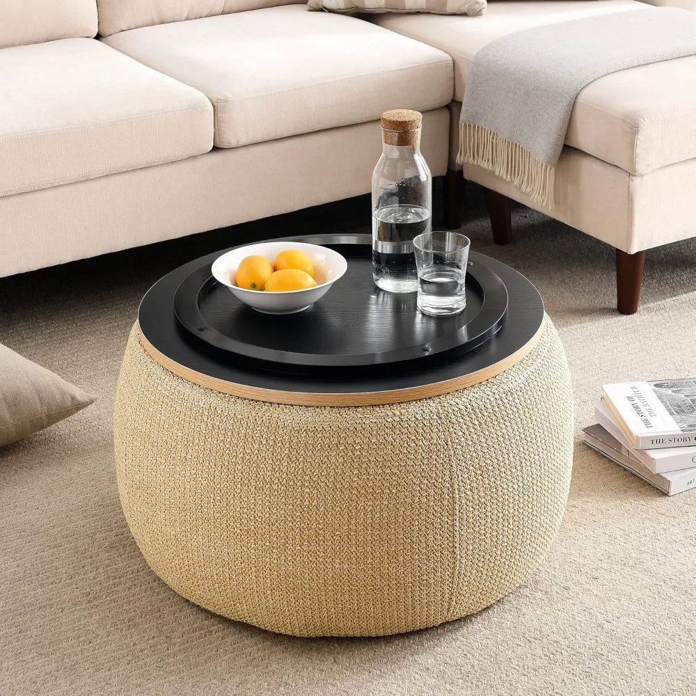 Modern Round Storage Ottoman with Wooden Lid, Circle Ottoman Handmade Ottoman Coffee Table, End Table & Footstool for Living Room