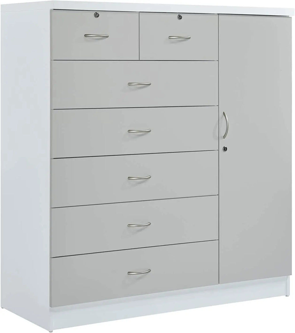 7-Drawer Large Chest with 5 Big Drawers, 2 Small Drawers, Locks, Hanging Rod, and 3 Shelves in Grey-White
