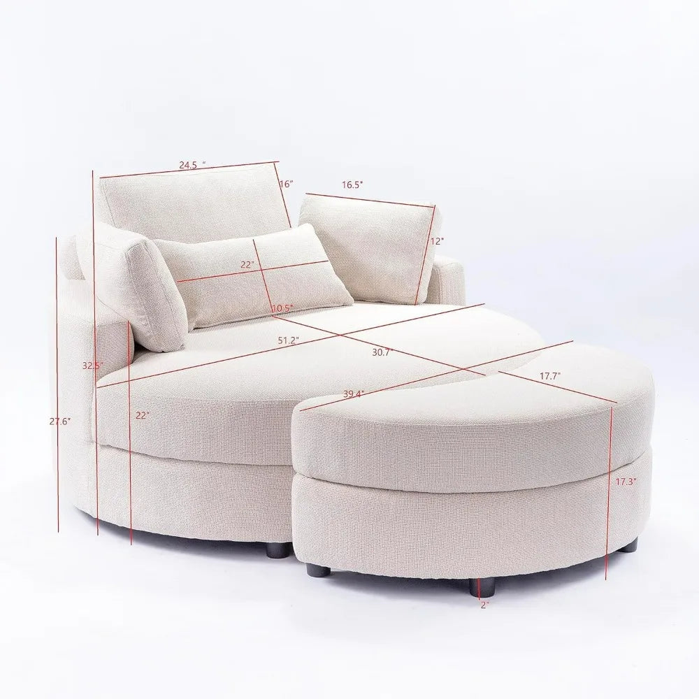 Linen Fabric Upholstered Oversized Round Armchair with Storage Ottoman, Headrest, and 4 Pillows