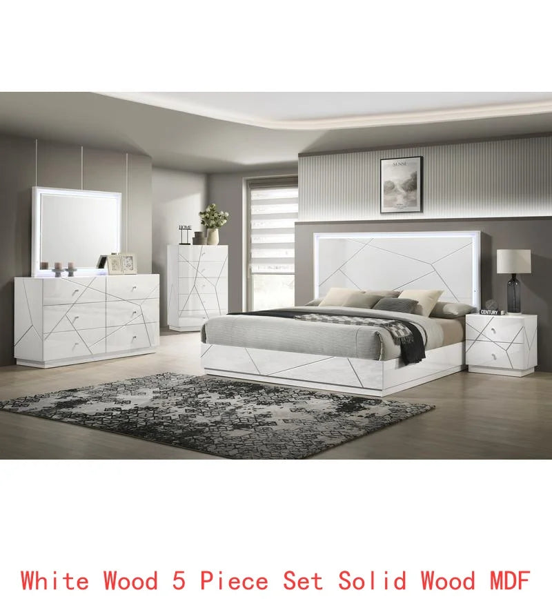 5-Piece Two-Tone High-Gloss Marble and Lacquer Finish Nightstand Set with LED Lighting, Spacious Velvet-Lined Storage, White