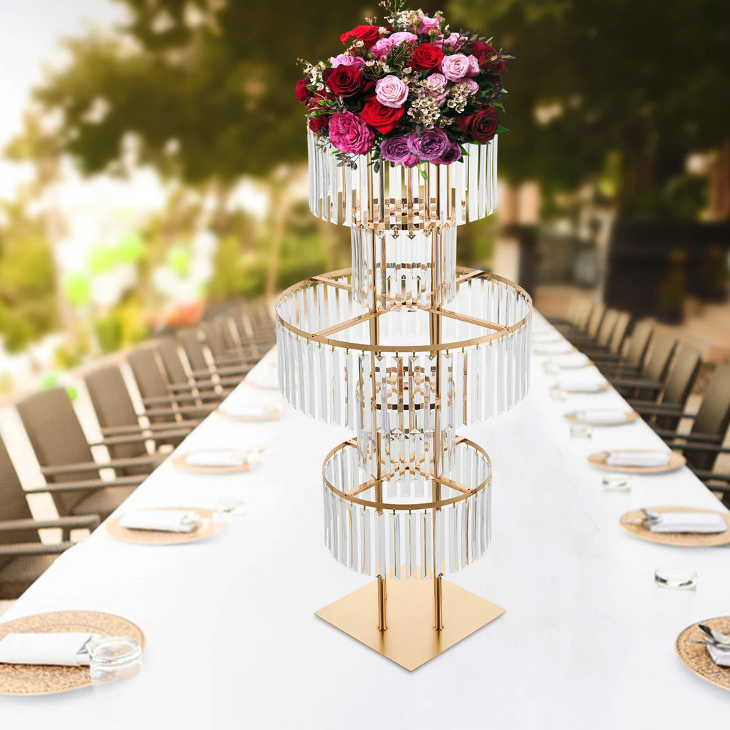 5 Tiers Iron Wedding Flower Stand/Acrylic Crystal Table/ Floor Centerpiece/ Decor Free Standing Floral Vase /Rack Gold, for Party/ Hotel Banquet