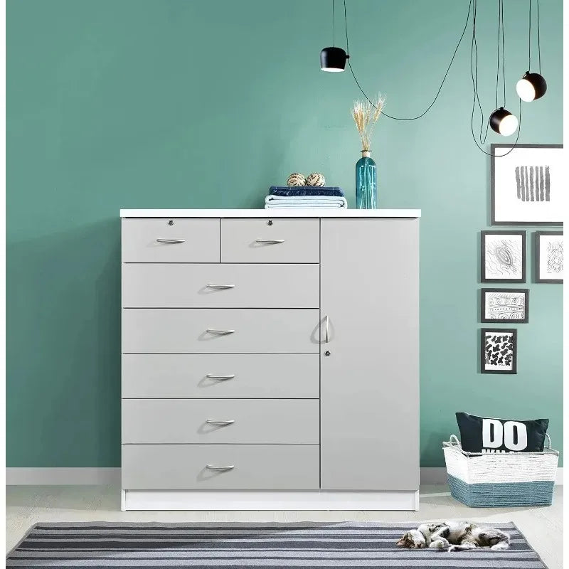 7-Drawer Large Chest with 5 Big Drawers, 2 Small Drawers, Locks, Hanging Rod, and 3 Shelves in Grey-White