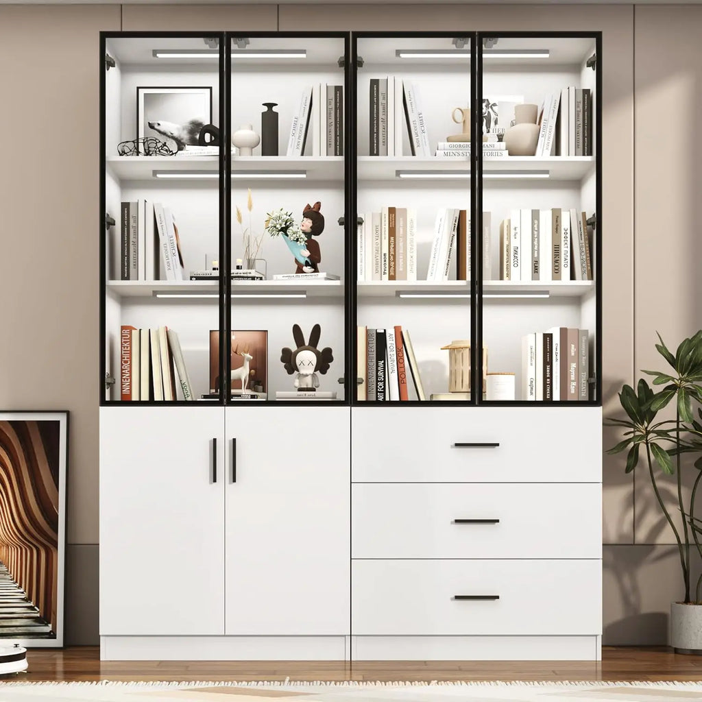 79" Tall Display Cabinet with LED Sensor Light & Pop-up Glass Doors & Drawers, Modern Bookcase/ Curio Storage Cabinet