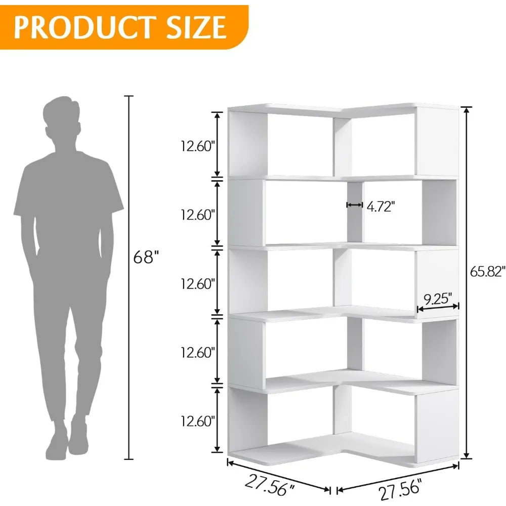 White 66" High 6-Tier L-Shaped Wooden Corner Bookshelf with Open Shelves